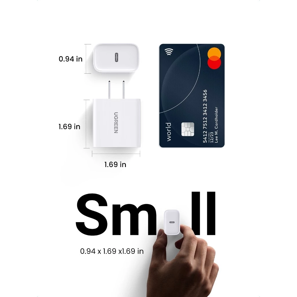 UGREEN USB-C charger dimensions compared with a bank card