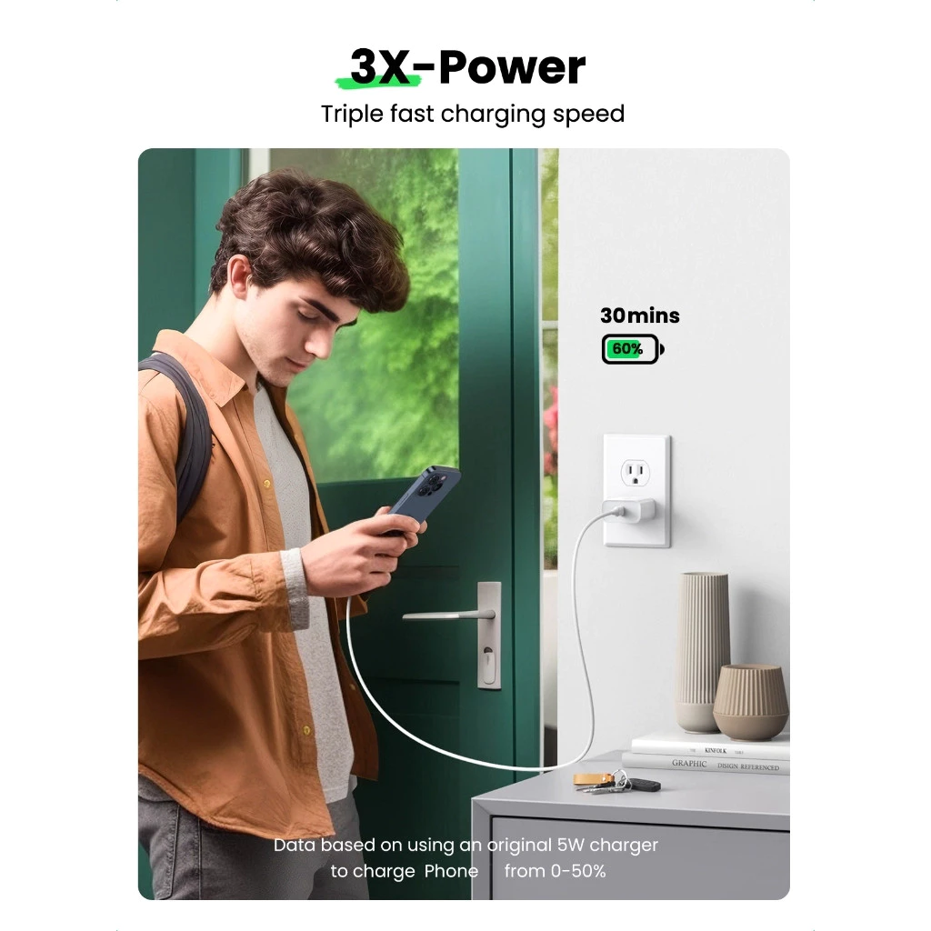 UGREEN fast charging demonstration with a phone connected to a wall outlet